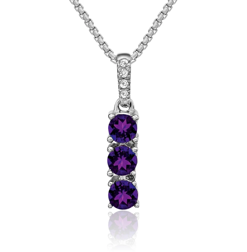 14K Solid White Gold 3 Stone Amethyst Diamond Necklace - Image 1 of 1