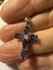 Royal Blue Cross Pendant Necklace W/silver Center CZ Stone - Picture 1 of 7