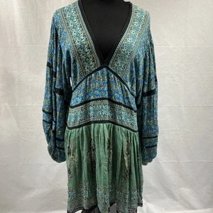 Free People grün blau Luna Schal Print V-Ausschnitt Ballonärmel Top Boho Tunika SM - Bild 1 von 8