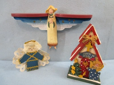 Handcrafted wood ANGEL & CHRISTMAS CHAPEL & SHELF centerpiece ornament xmas deco - Image 1 of 4
