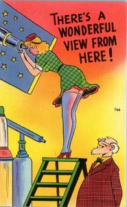 Comic Humor Postkarte Mann schaut nach oben Frauen Kleid wunderbare Aussicht Teleskop - Bild 1 von 3
