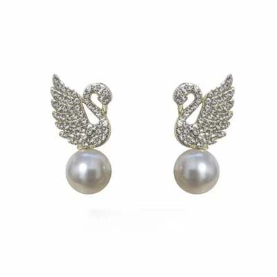 Damen Gold Ohrstecker 925 Silber Ohrringnadel Gans Form Bogenknoten Strasssteine - Bild 1 von 4