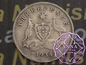 Australia 1934 George V Threepence X1, Average Circulated Condition - Picture 1 of 3