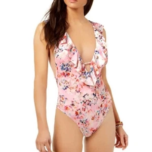 Bar III Crystal Floral Ruffled Cross-Back One Piece Swimsuit Blush S Small NWT - Picture 1 of 2
