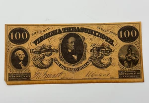 Reproduction $100 Virginia Treasury Note Oct. 15, 1862 Parchment Like Paper - Picture 1 of 8