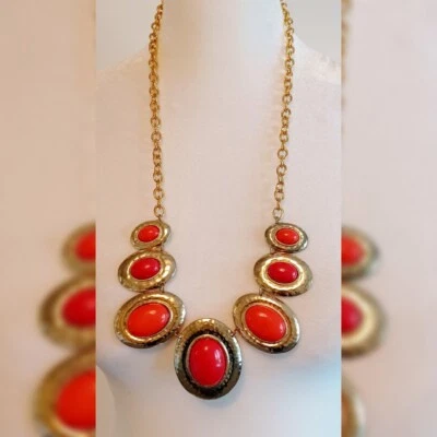 Orange Oval Resin & Hammered Gold Tone Ombre Maximalist Statement Necklace - Image 1 of 2