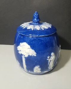 Unique Gloss Wedgwood Inspired Blue Jasperware Style Tea Cookie Jar & Lid - Picture 1 of 12