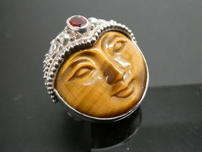 SAJEN Tiger's Eye & Garnet Goddess Moon Face Sterling Silver 925 RING Size 7 - Image 1 of 4