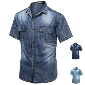 Mens Denim Jeans T-Shirt Cotton Casual Top Flap Pocket Work Shirts Short Sleeve - Picture 1 of 13