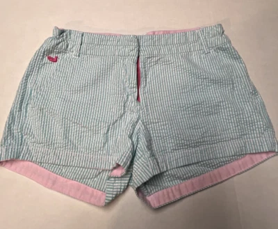 Pantalones Cortos Southern Marsh Para Mujer Talla 4 Chino Teal Blanco Rayas Rosa Borde Seersucker Foto 1 de 4