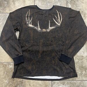 VINTAGE Y2K Deer Skull Skeleton Camo Long Sleeve Henley Shirt Men Large Hunting