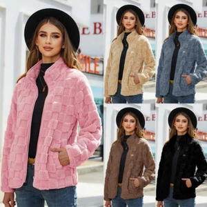 Ladies Teddy Bear Fleece Fur Zip Winter Warm Coats Cardigan Jacket Outwear 6-20 - Picture 1 of 24