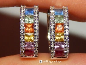 14K WHITE GOLD EFFY 1.50 TCW MULTI COLOR SAPPPHIRE DIAMOND HUGGIE HOOP EARRINGS - Picture 1 of 12