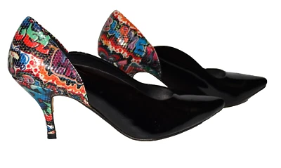 All Black Patent Leather Multicolor Graffiti Heel Back Pointed Toe Pumps Size 9M - Image 1 of 4