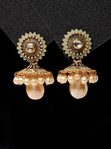 Gold-Plated Jhumka Kundan Studded & Pearls Beaded Antique Dome Shaped Jhumkas - Picture 1 of 13