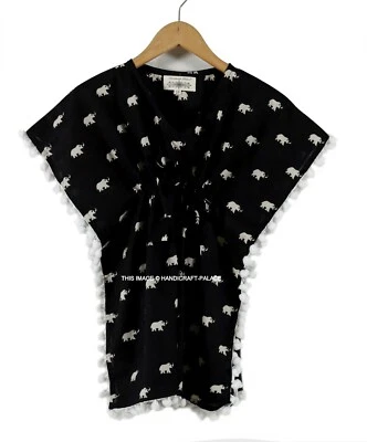 Girls Cotton Kaftan Elephant Print Kids Kaftan Pompom Lace Decor 3-9 Years Size - Image 1 of 4