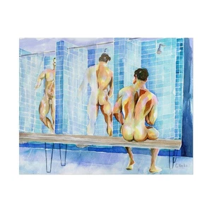 DRUCK Original Kunstwerk Aquarell Gemälde Gay Male Nude "Umkleidekabine" - Bild 1 von 13