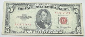 1953 $5 Red Seal Note - Five Dollar Bill - Five - Banknote - Free Shipping - Picture 1 of 2