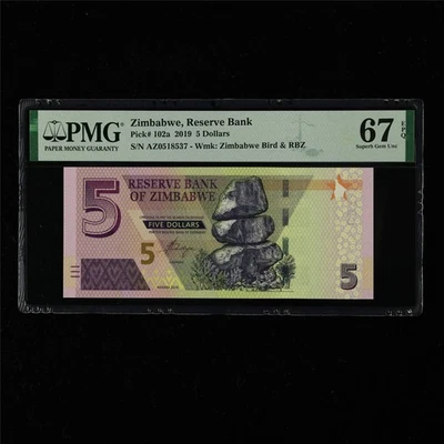 2019 Zimbabwe Reserve Bank 5 Dollars Pick#102a PMG 67 EPQ Superb Gem UNC 01 - Image 1 of 4