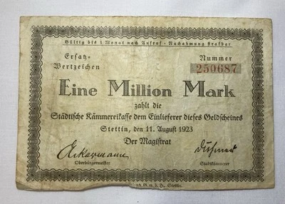 1923 Germany Local Currency (Notgeld), City of Stettin 1 Million Mark Note - Image 1 of 2