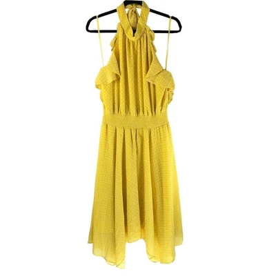Vestido Eliza J Punto Suizo Halter Volantes Dobladillo Mordedura de Tiburón Lunares Amarillo Talla 18 Foto 1 de 4