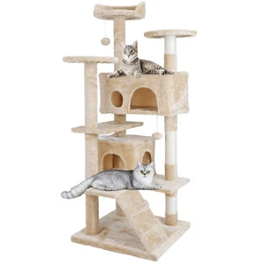 53" Cat Tree House Scratcher Beige Condo Post Bed Furniture Kitten Play Tower - Picture 1 of 21