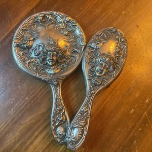 Highly Ornate Art Nouveau Girl Floral Antique Silverplate Hand Mirror & Brush - Picture 1 of 9