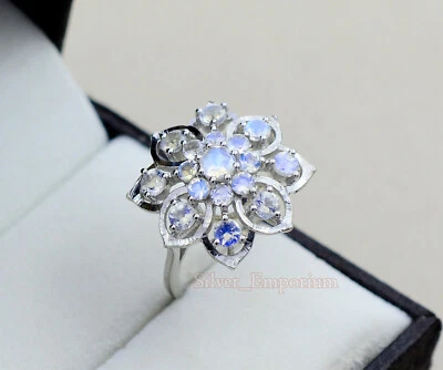 925 Plata de Ley Natural Arcoíris Piedra Lunar Natal Junio Pinza Anillo Ajuste - Imagen 1 de 4