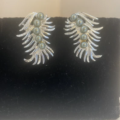 Vtg Sarah Coventry Clip On Earrings Silver Leaf Blue Gray Stone Costume Filigree - Image 1 of 2