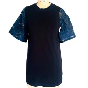 MOTHER OF PEARL Crew Neck Lace Sleeve Long Tee Shirt in Black/Navy Blue Size M - Picture 1 of 13