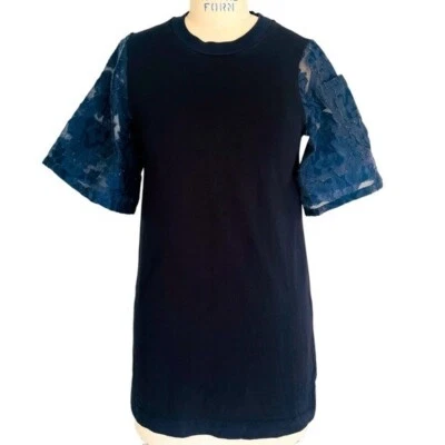 MOTHER OF PEARL Crew Neck Lace Sleeve Long Tee Shirt in Black/Navy Blue Size M — 第 1/4 张图片