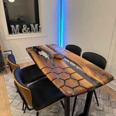 Crystal Epoxy Resin Dining Table Top Acacia Wood Table Home Decor High Polish - Image 1 of 4