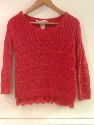 Свитер American Rag Cie красный рукав 3/4 декольте 100% хлопок кружевная отделка S маленький - Изображение 1 из 3