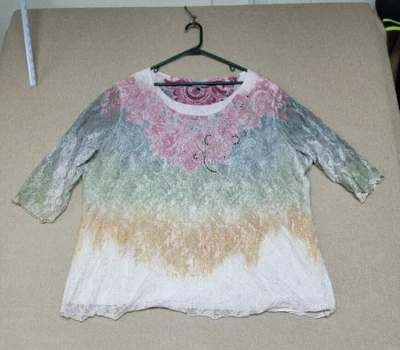 ESSENTIALS Woman's 4X Lacy Mesh Overlay 3/4 Sheer Sleeves Top Stretch Multicolor - Image 1 of 4