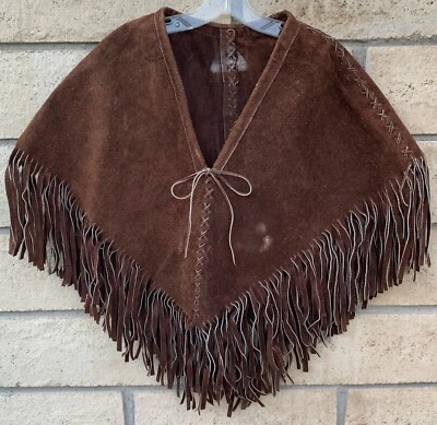 Poncho Vintage Marrón Gamuza Flecos Vaquera Occidental Vaquero Hippy Hippie Chic Boho Foto 1 de 4