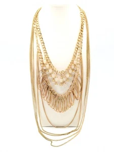 Gold Tone Multiple Strand Beaded Statement Necklace - Picture 1 of 10