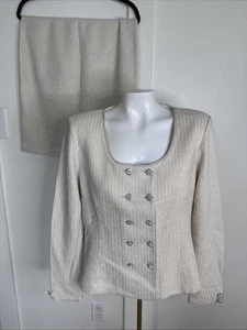 St. John Evening 2 Piece Skirt Suit Rhinestone Double Button Ivory Metallic - Picture 1 of 10