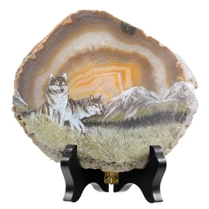 Wolf Agate Slab Display with Wooden Stand Irregular Shape Aagte Slice Stone H... - Picture 1 of 5