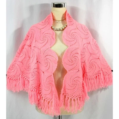 Poncho vintage tejido remolino flecos frente abierto capa chal abrigo suéter rosa años 60 Foto 1 de 4
