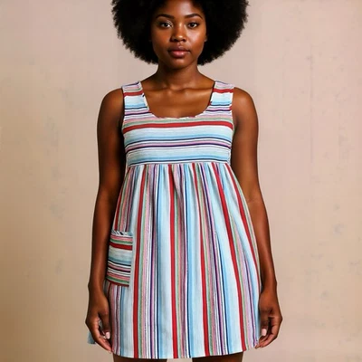 Vintage Terry Cloth Rainbow Striped Mini Dress Women’s XL Multicolor Retro Boho - Image 1 of 4