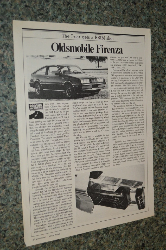 1982 OLDSMOBILE FIRENZA FIRST LOOK ARTICLE 82 SPECS INFO AD - Image 1 of 1