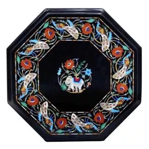 Mesa de mármol negro octágono de 16" con diseño de pavo real muebles de piedras preciosas - Imagen 1 de 8