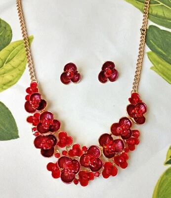 Red Flower Necklace and Earring Set in Red Crystal and Red Enamel  - New - Image 1 of 4