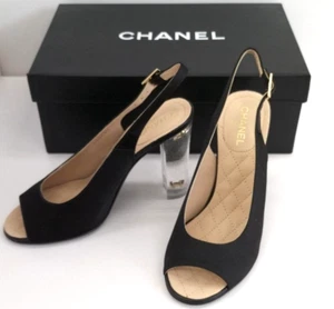 Chanel Black Satin Lucite Heel Peep Toe Pumps Size 35.5 US 5.5 with Box G30489 - Picture 1 of 6