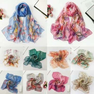 Womens Foulard Georgette Scarf Flower Printed Sunscreen Bandana Long Shawl Wrap↔ - Image 1 of 4