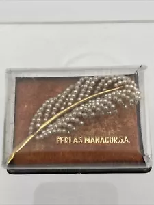 Vintage Seed Pearl Leaf Gold Tone Stem Brooch Perlas Manacorsa Original Box GCon - Picture 1 of 6