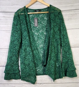 Meaneor Womens Green Long Sleeve Shawl Lace Cardigan Open Ruffle Sleeves Size L - Picture 1 of 6