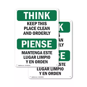 (Paquete de 2) Calcomanía metálica de metal para letrero bilingüe de OSHA Think Mantenga este lugar limpio ordenado - Imagen 1 de 21