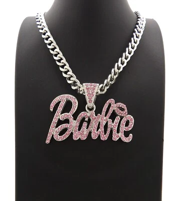 Nuevo Barbie Colgante Piedra Rosa 9mm 18" Collar Cadena Cubana Foto 1 de 4