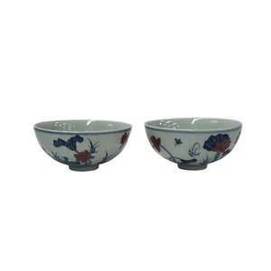 Pair Chinese Porcelain Blue White Red Flower Cup Display Art JK279 - Picture 1 of 5